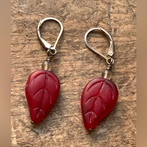 Glass Red Leaf Pierced Earrings Fall Leaves Woman’s Jewelry